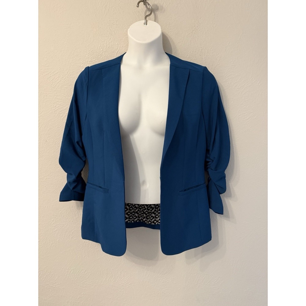 Skies Are Blue Raja Collarless Open Front Blazer size L teal ruched sleeves